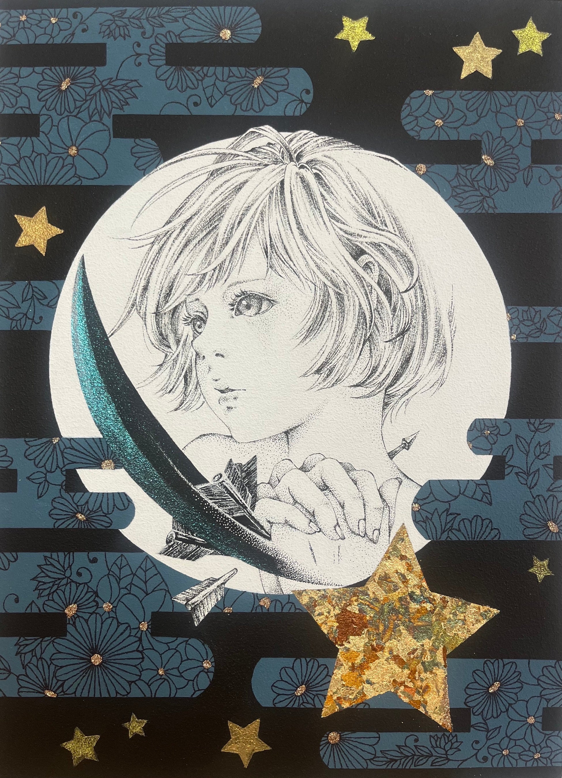 ”抵抗 or 神頼み or ...” 2023、33.3×24.2cm、  ミクストメディア／木製パネル