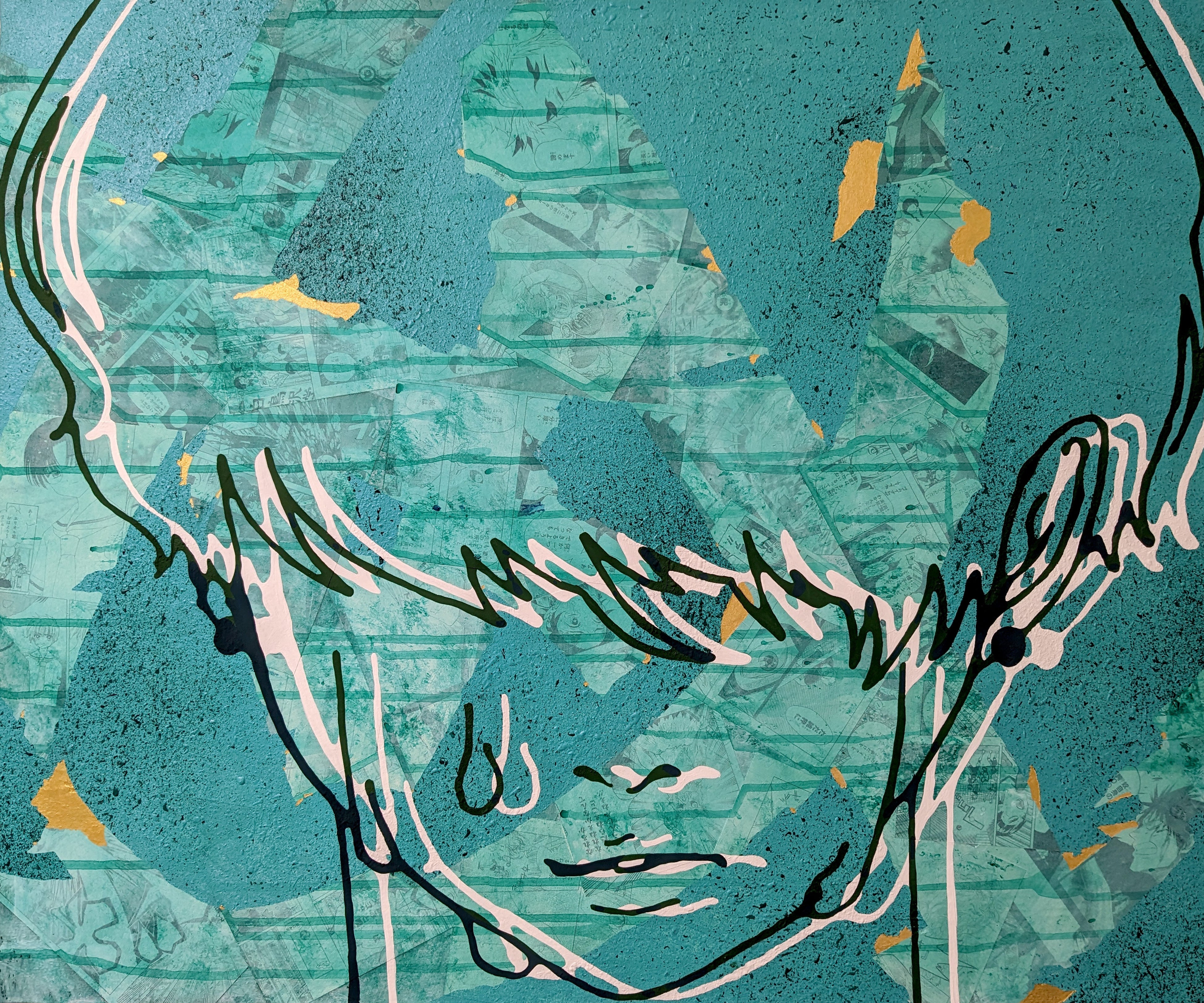 “cry 2304／02” 2023、60.6 × 72.7 × 2cm ,  アクリル・顔料インク・漫画雑誌／キャンバス