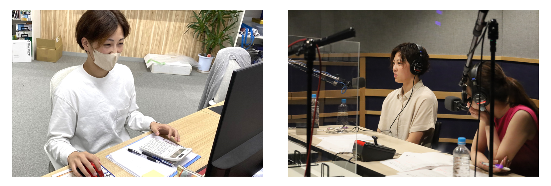 （左）会社での業務の様子　／（右）トーガシがスポンサーを務めたラジオ登壇の様子