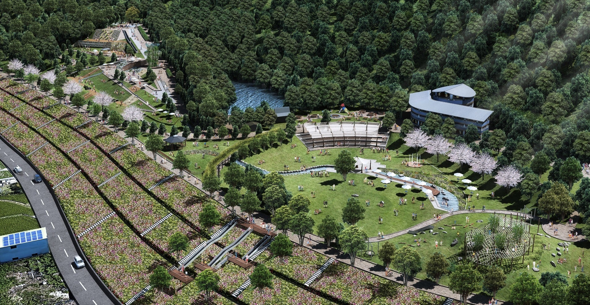 公園左上の丘陵部が「見晴らしの丘」、中央広場部分が「四季の広場」