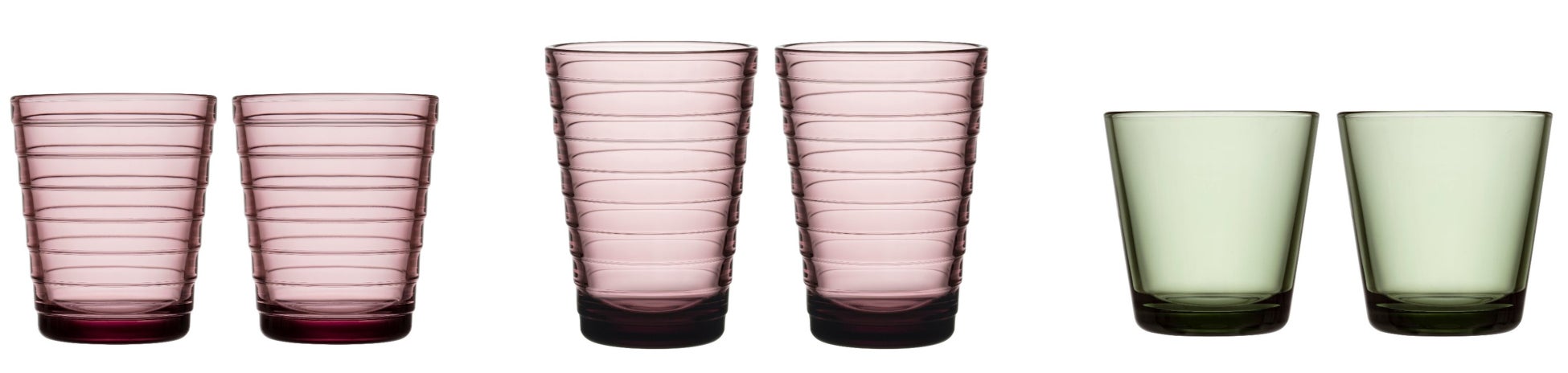 アイノ・アアルト タンブラーペア カルーナ(左) アイノ・アアルト ハイボール ペア カルーナ(中) カルティオ タンブラー ペア パイングリーン(右)