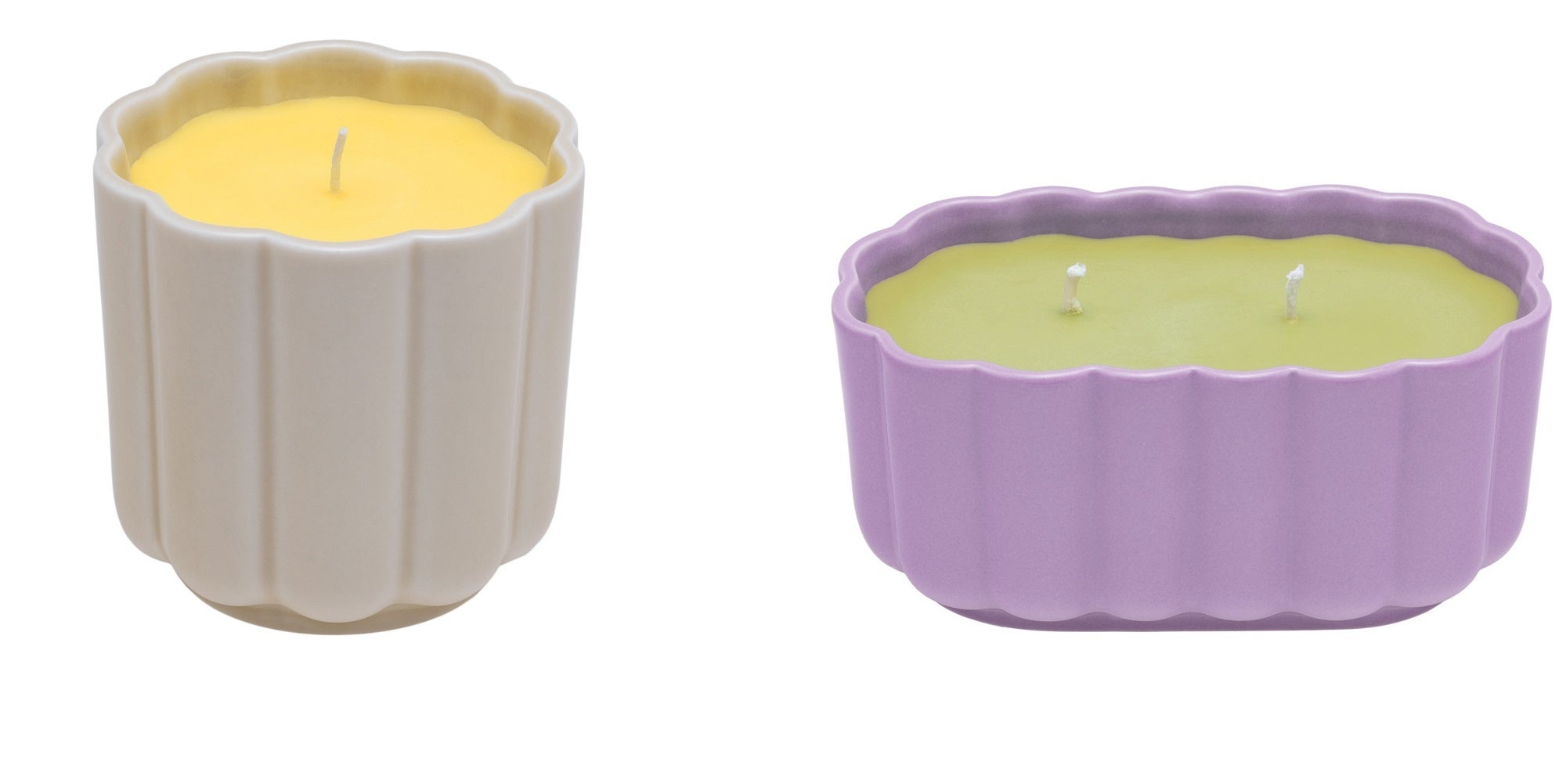 プレイ&nbsp; キャンドル ラウンド ベージュ・イエロー（左）、キャンドル オーバル ライラック・オリーブ（右）