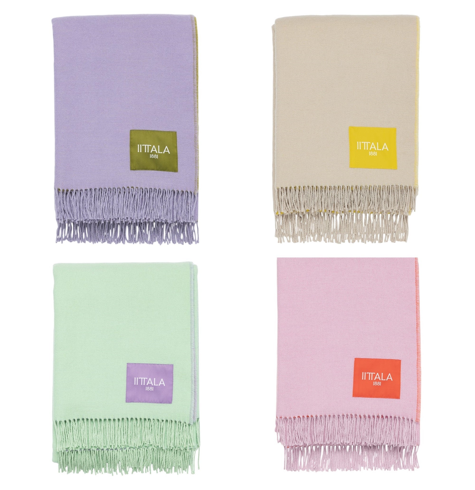 プレイ ブランケット 130x180cm&nbsp; ライラック・オリーブ（左上）、ベージュ・イエロー（右上）、ミント・ライラック（左下）、ピンク・オレンジ（右下）