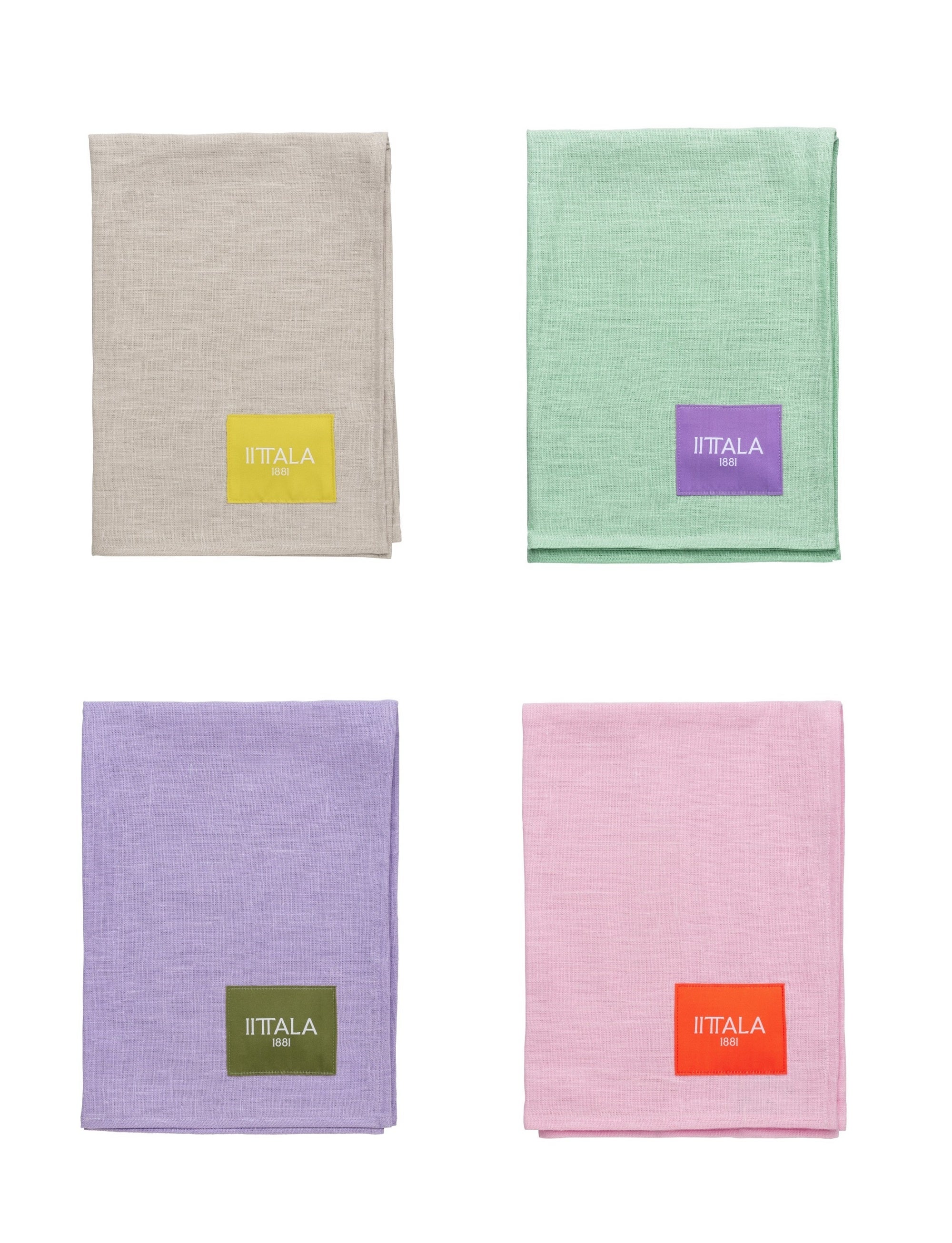 プレイ ティータオル 47x65cm&nbsp; ベージュ・イエロー（左上）、ミント・ライラック（右上）、ライラック・オリーブ（左下）、ピンク・オレンジ（右下）