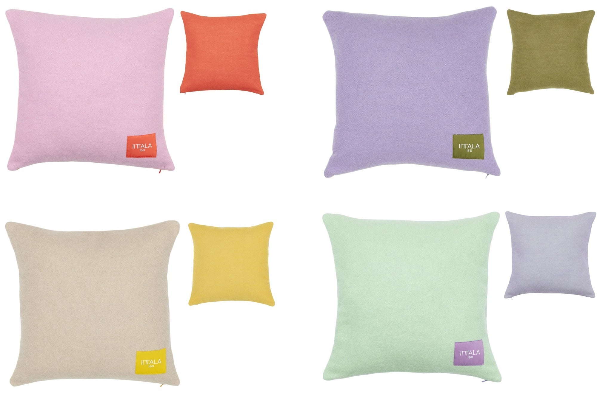 プレイ クッションカバー 48x48cm&nbsp; ピンク・オレンジ（左上）、ライラック・オリーブ（右上）、ベージュ・イエロー（左下）、ミント・ライラック（右下）