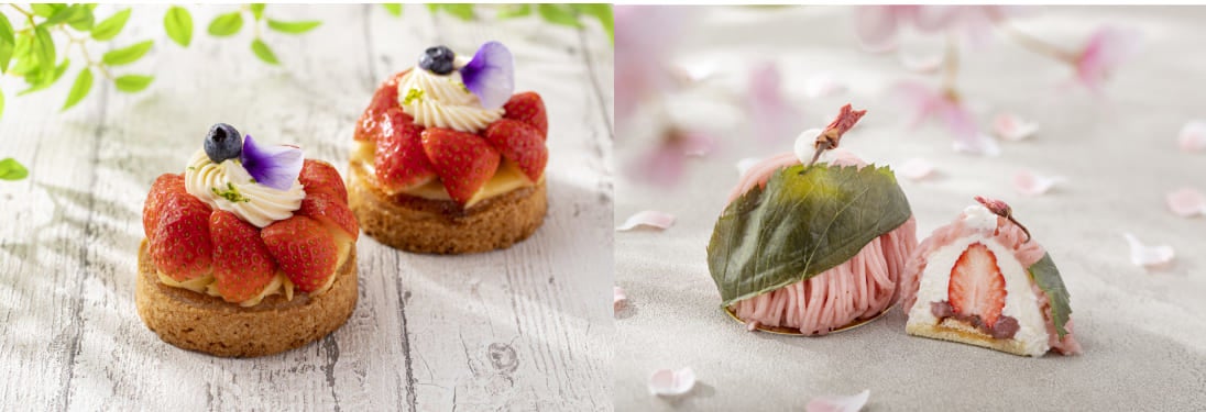洋風桜餅を想わせる珍しいピンクのモンブラン（右）