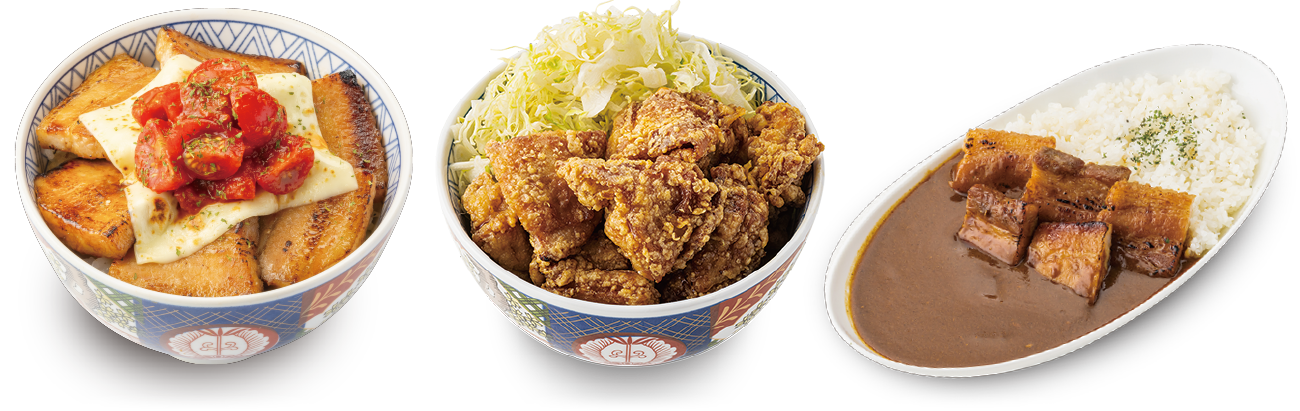 （左）フレッシュトマトチーズ豚丼 ※23年7月限定メニュー（中）元祖から揚げ丼〈並〉（右）豚バラカレー〈並〉