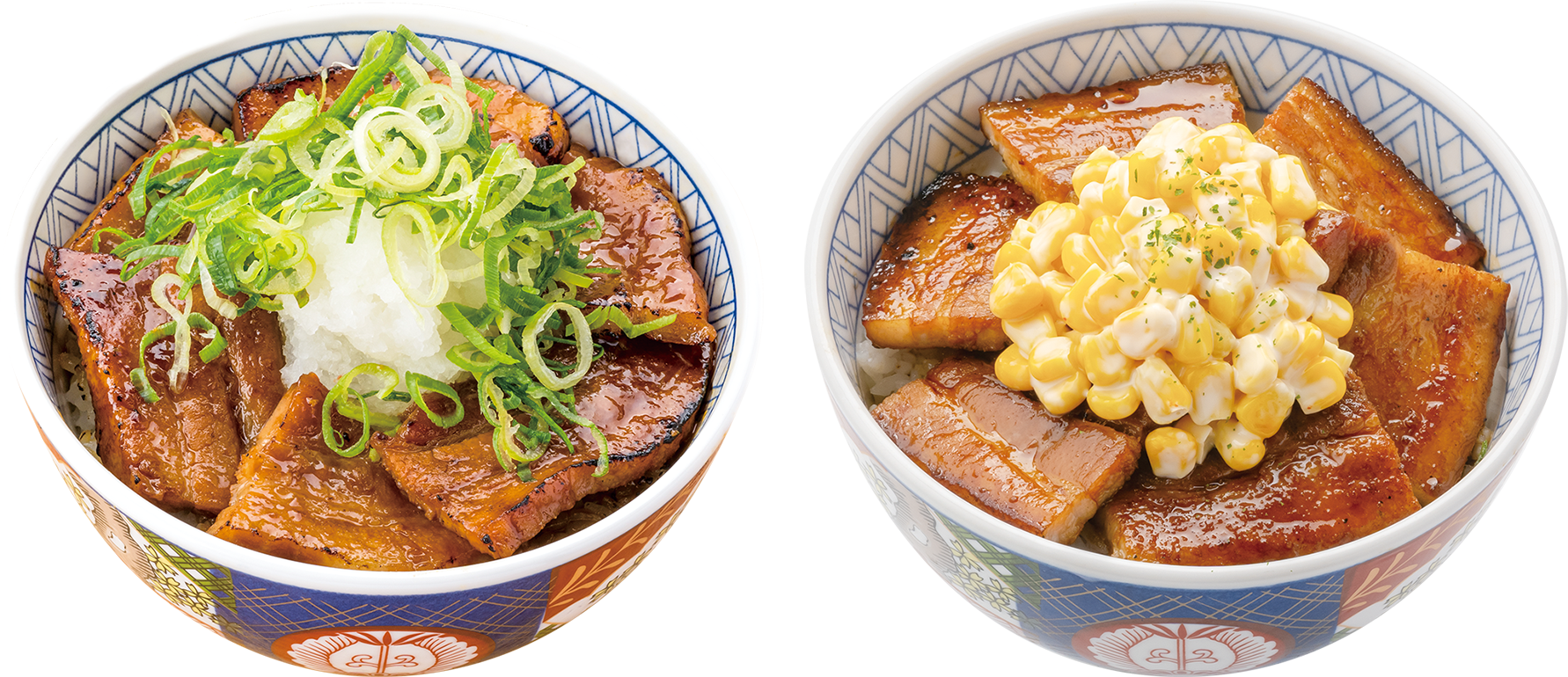 （左）おろしポン酢豚丼（右）コーンマヨ豚丼