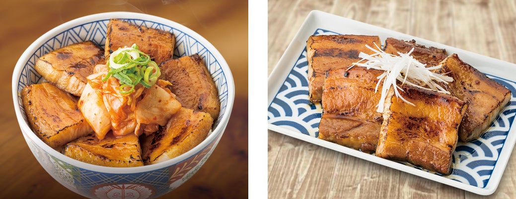 (左)キムチ豚バラ丼〈並〉(右)豚バラ皿〈並〉