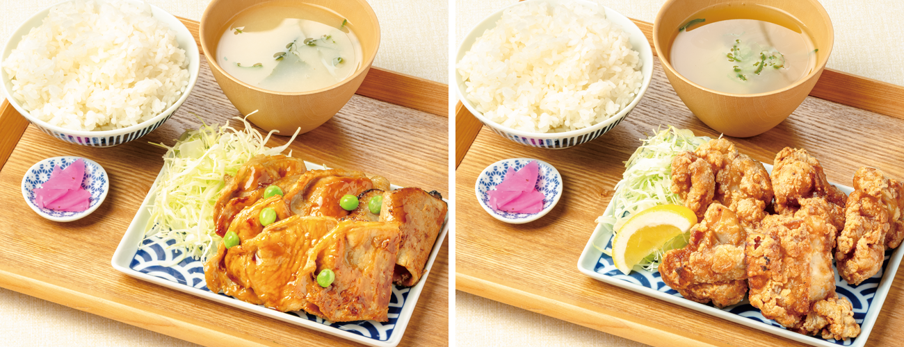 （左）帯広豚ロース定食（右）元祖から揚げ定食〈並〉