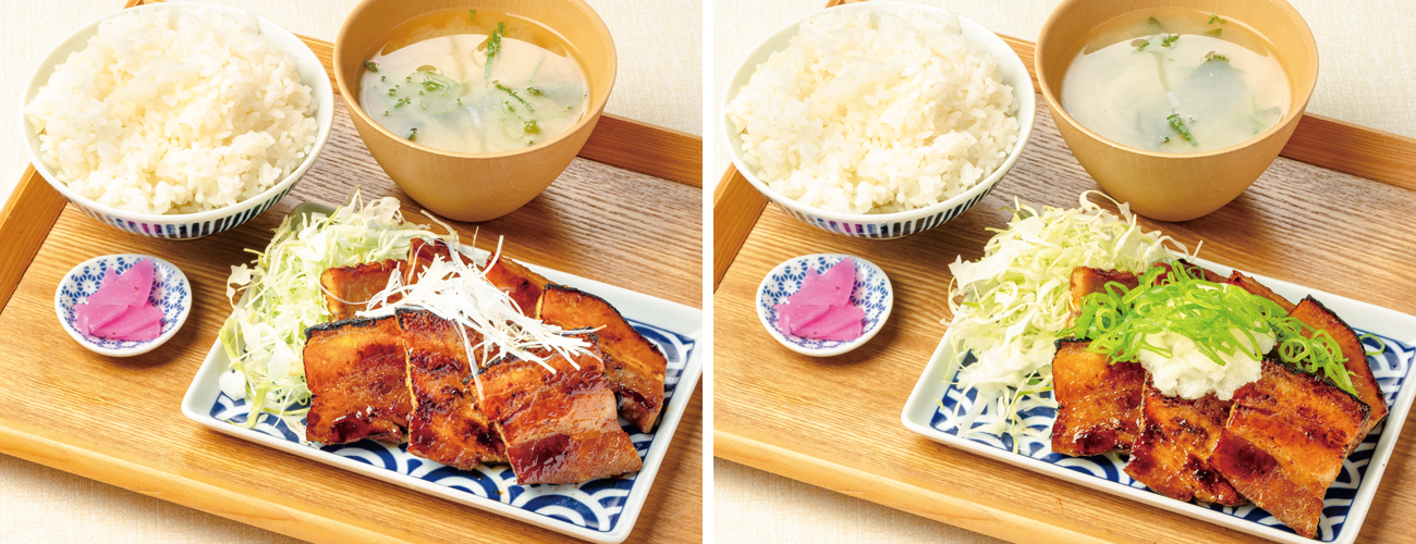 （左）帯広豚バラ定食〈並〉（右）おろしポン酢豚バラ定食〈並〉