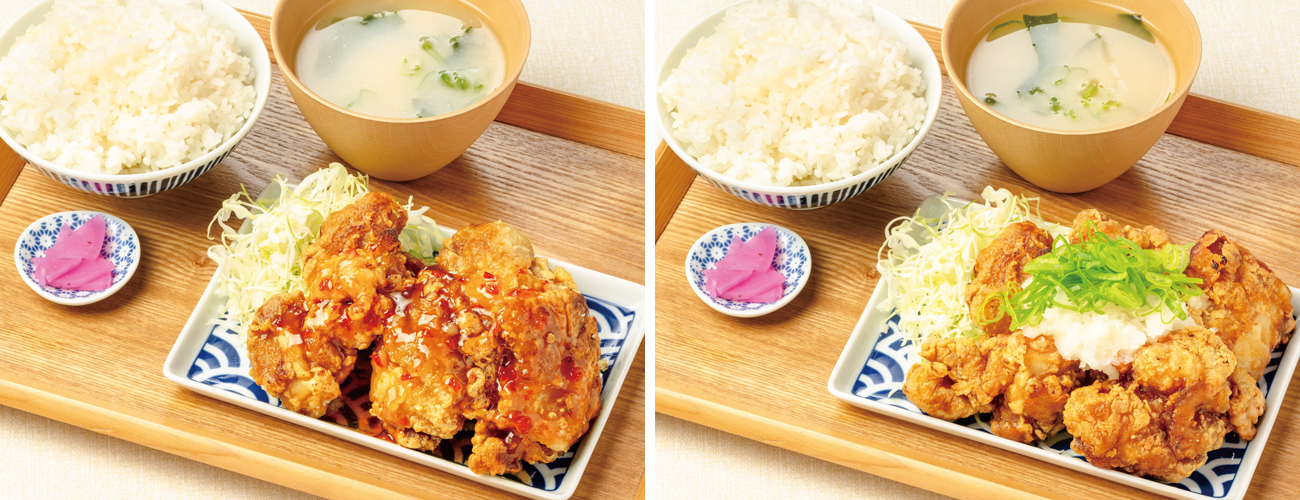 （左）チリソースから揚げ定食（右）おろしポン酢から揚げ定食〈並〉