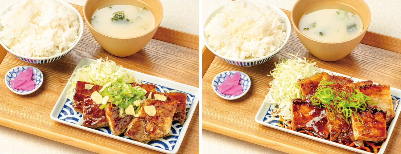 （左）ねぎ塩ガーリック豚バラ定食（右）ピリ辛麻辣定食〈並〉