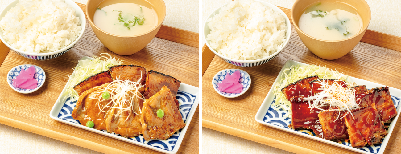 （左）ハーフ＆ハーフ定食〈並〉（右）旨辛豚バラ定食〈並〉