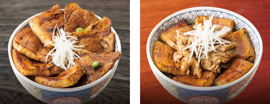 （左）豚ロース丼〈メガ〉（右）炙りチーズ豚バラ丼〈並〉