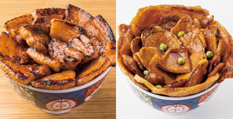 （左）豚バラ丼〈メガ〉（右）豚ロース丼〈メガ〉