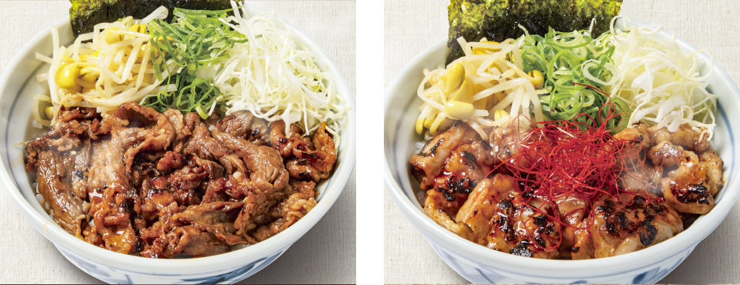 （左）牛カルビ丼 特製タレ（右）牛てっちゃん丼 ピリ辛タレ