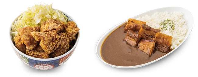 (左)元祖から揚げ丼〈並〉(右)豚バラカレー〈並〉