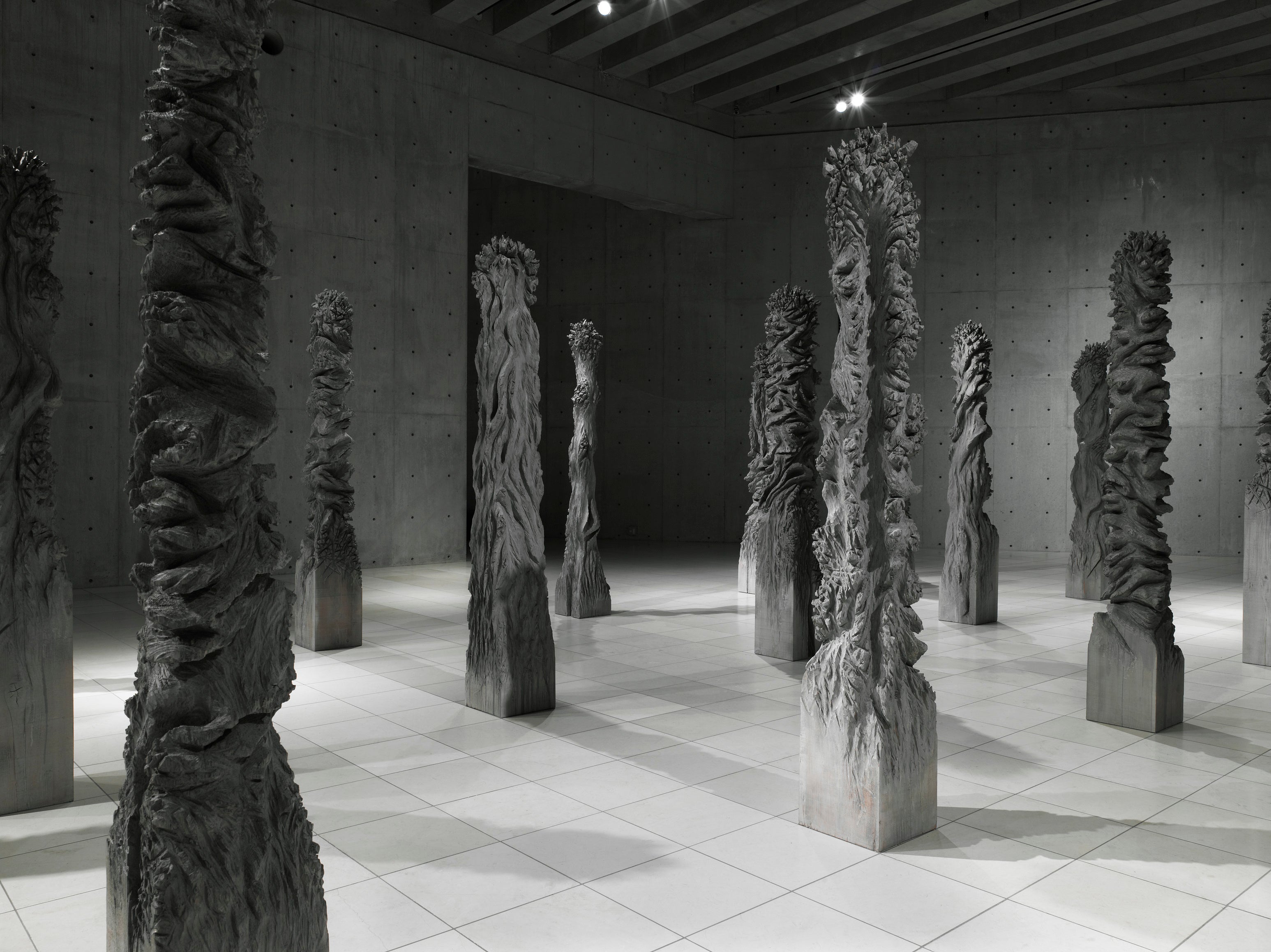 戸谷成雄＜森Ⅸ＞2008年　220×30×30ｃｍ(30pcs)　木、灰、アクリル　ベルナール・ビュフェ美術館蔵 撮影：山本糾　（ヴァンジ彫刻庭園美術館「戸谷成雄 洞穴の記憶」展示風景）