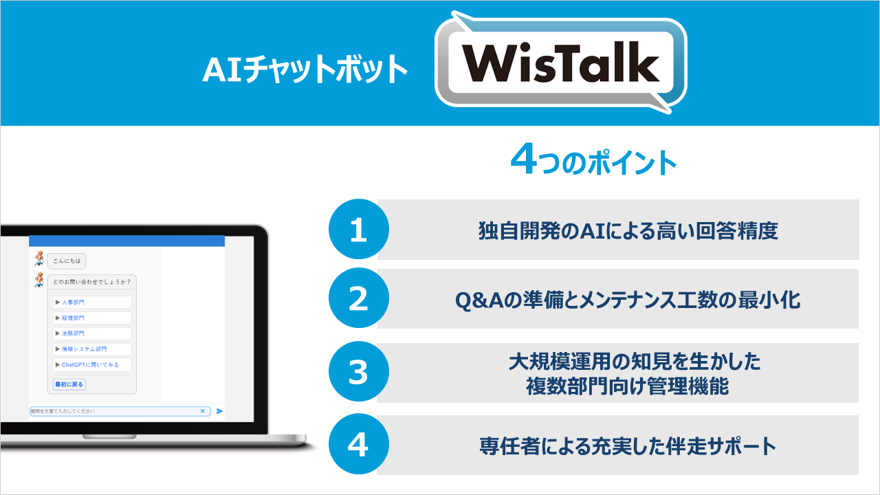 社内問い合わせ・ヘルプデスク向けAIチャットボット「WisTalk」の特長