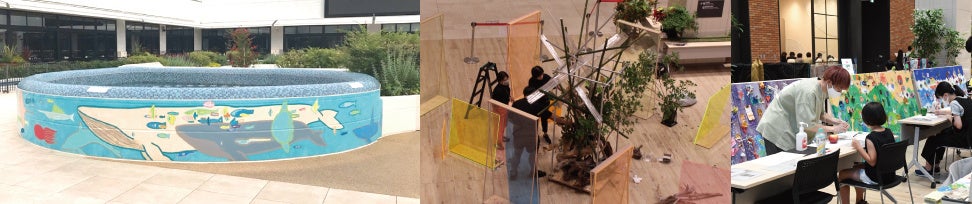 噴水壁画アート、生け花パフォーマンスの様子