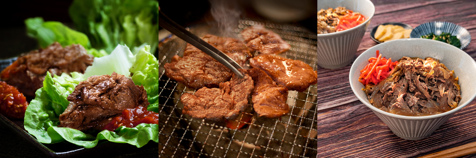 イメージ（左からNEXTカルビ1.1、NEXTハラミ1.1、NEXT牛丼1.2）