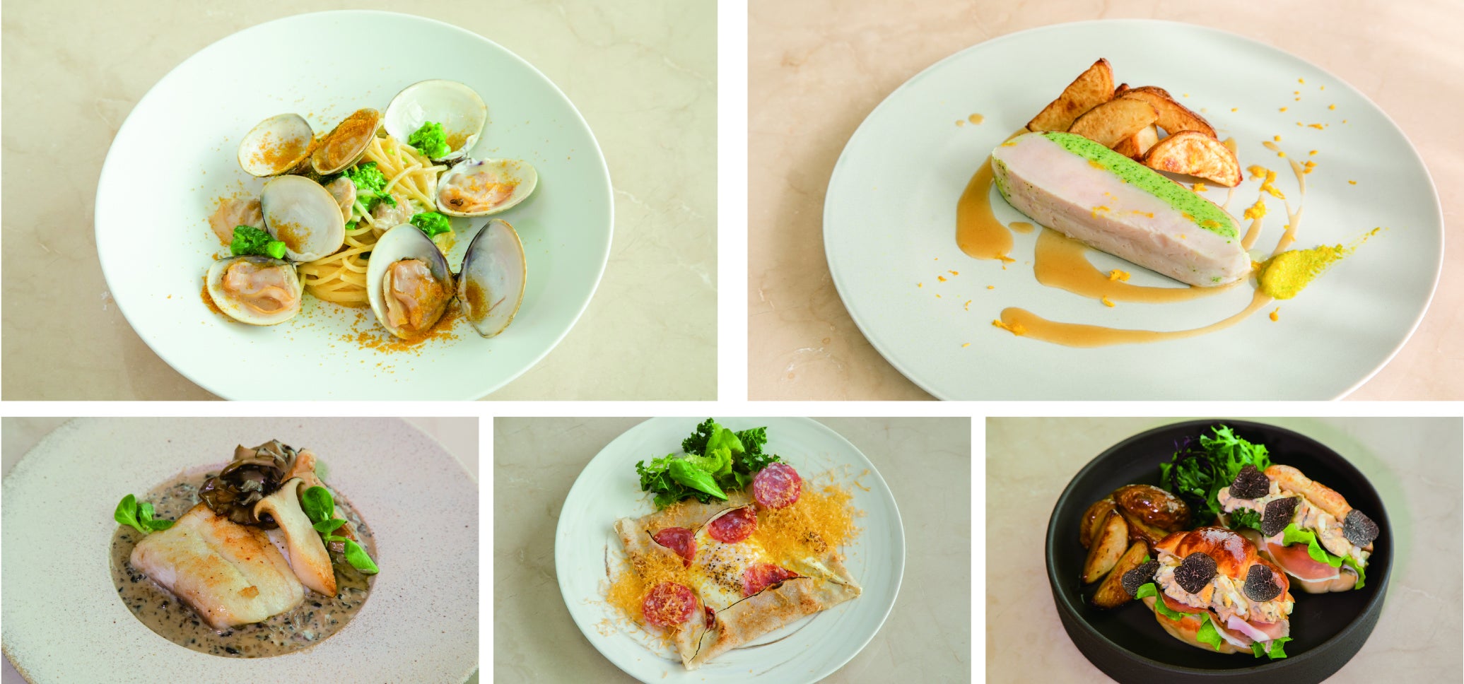 （左上から）ハマグリとカラスミのアーリオオーリオ、 国産地鶏のヴァプール 自家製柚子胡椒を添えて、 鮮魚のムニエル ソースヴァンブラン、 そば粉のガレット、 黒トリュフと奥久慈卵のタマゴサンド