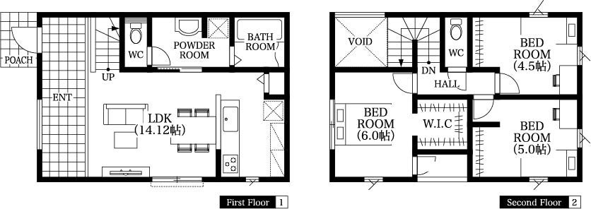 １Ｆ床面積：13.52坪／２Ｆ床面積：12.02坪／延床面積：25.54坪／本体工事価格1,650万円（税込）