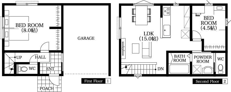 １Ｆ床面積：13.52坪／２Ｆ床面積：13.52坪／延床面積：27.04坪／本体工事価格1,815万円（税込）