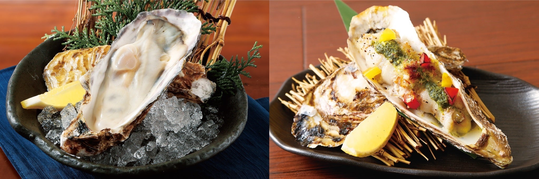 左…桃浦の活〆牡蠣　　右…桃浦牡蠣の香草焼き