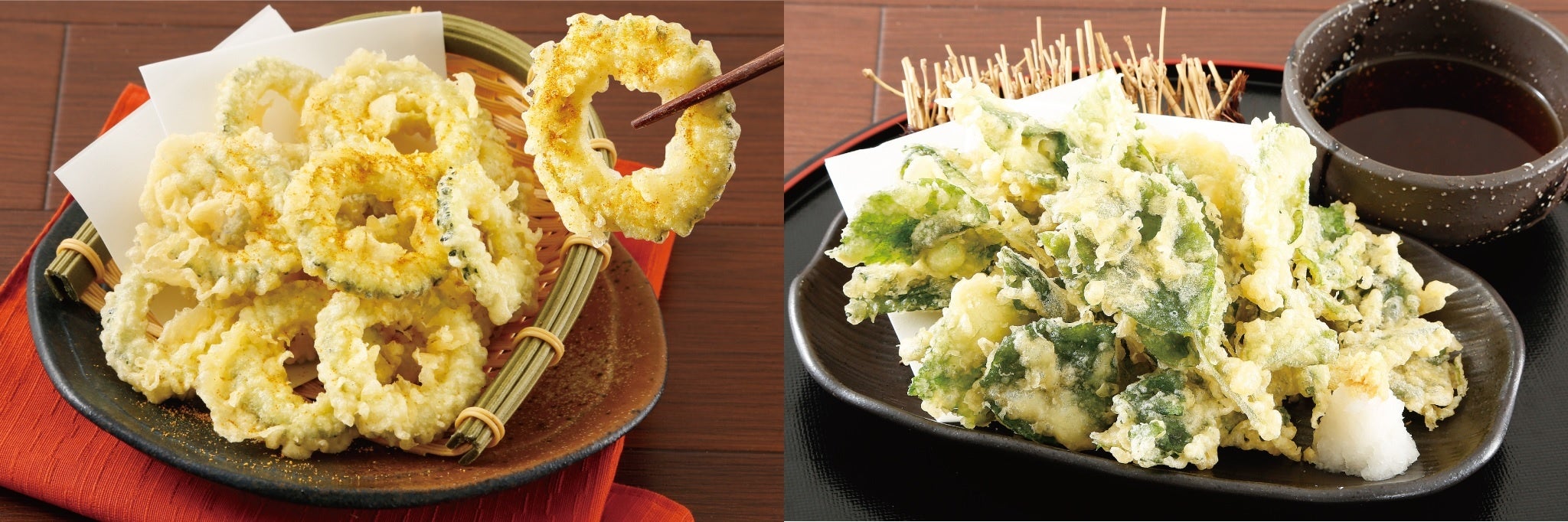 左…ゴーヤの天ぷら　右…モロヘイヤの天ぷら