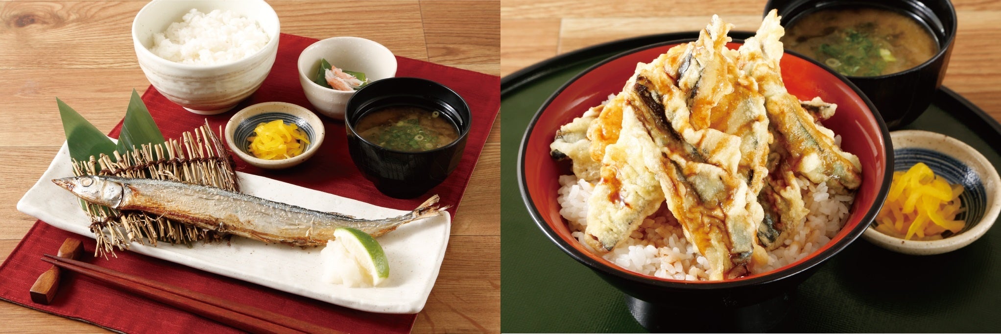 左-さんまの塩焼き定食　　右-さんまの天丼