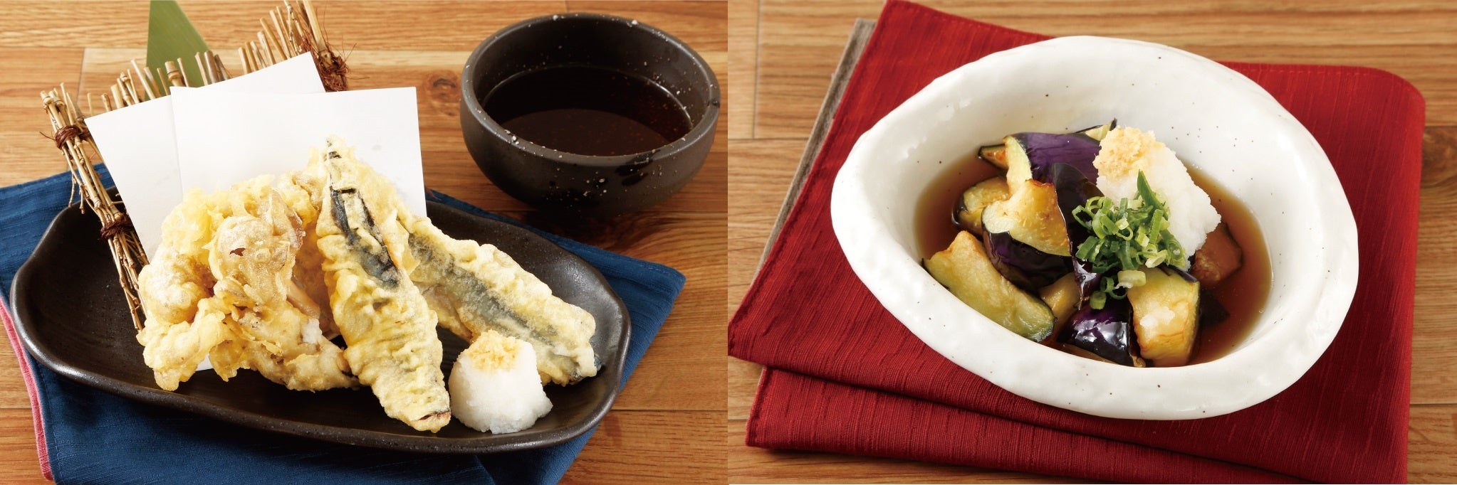 左-さんまと舞茸の天ぷら　　右-茄子の揚げ出し