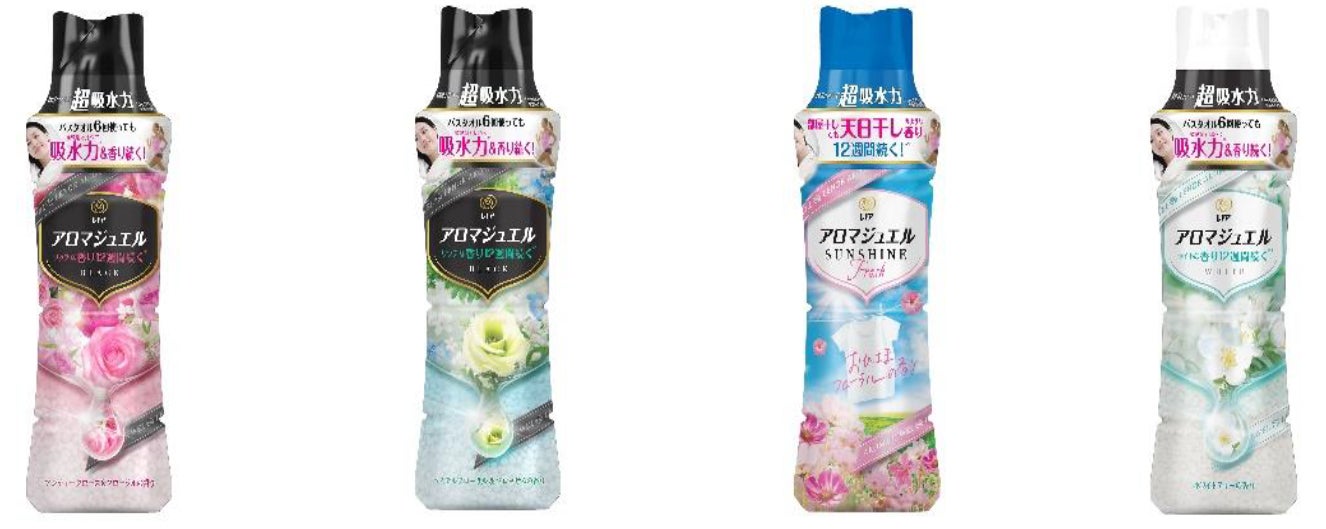 左から、「レノア アロマジュエル アンティークローズ&フローラルの香り」「レノア アロマジュエル パステルフローラル&ブロッサムの香り」 「レノア アロマジュエル おひさまフローラルの香り」「レノア アロマジュエル ホワイトティーの香り」