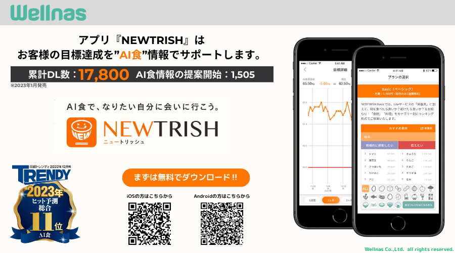 「NEWTRISH」がアップデート！UI改善や「あすけん」との連携強化で操作性向上。食材検索機能も追加され、より使いやすく。