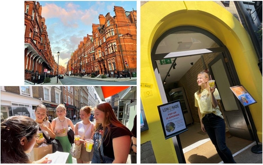 （左上）ロンドンの街並み（左下）街頭インタビューの様子（右）ロンドンを拠点に活動する代表キャリー
