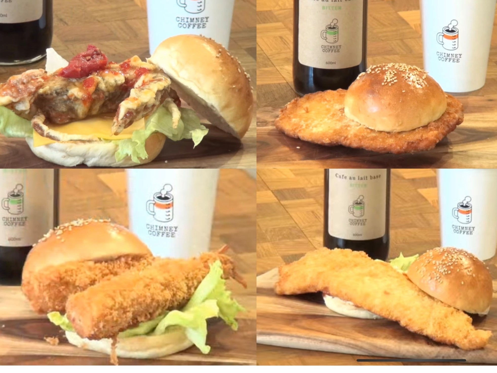 ソフトシェルクラブバーガー（左上）台湾大鶏排バーガー（右上）エビフライバーガー（左下）フィッシュバーガー（右下）