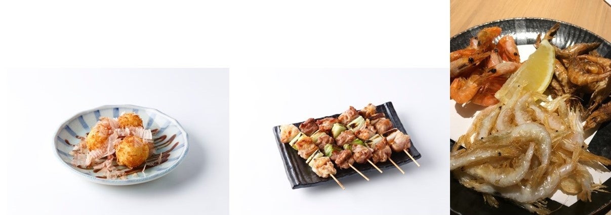 （左）文明開化コロッケ（中）串焼き（右）ガス海老甘エビ白海老