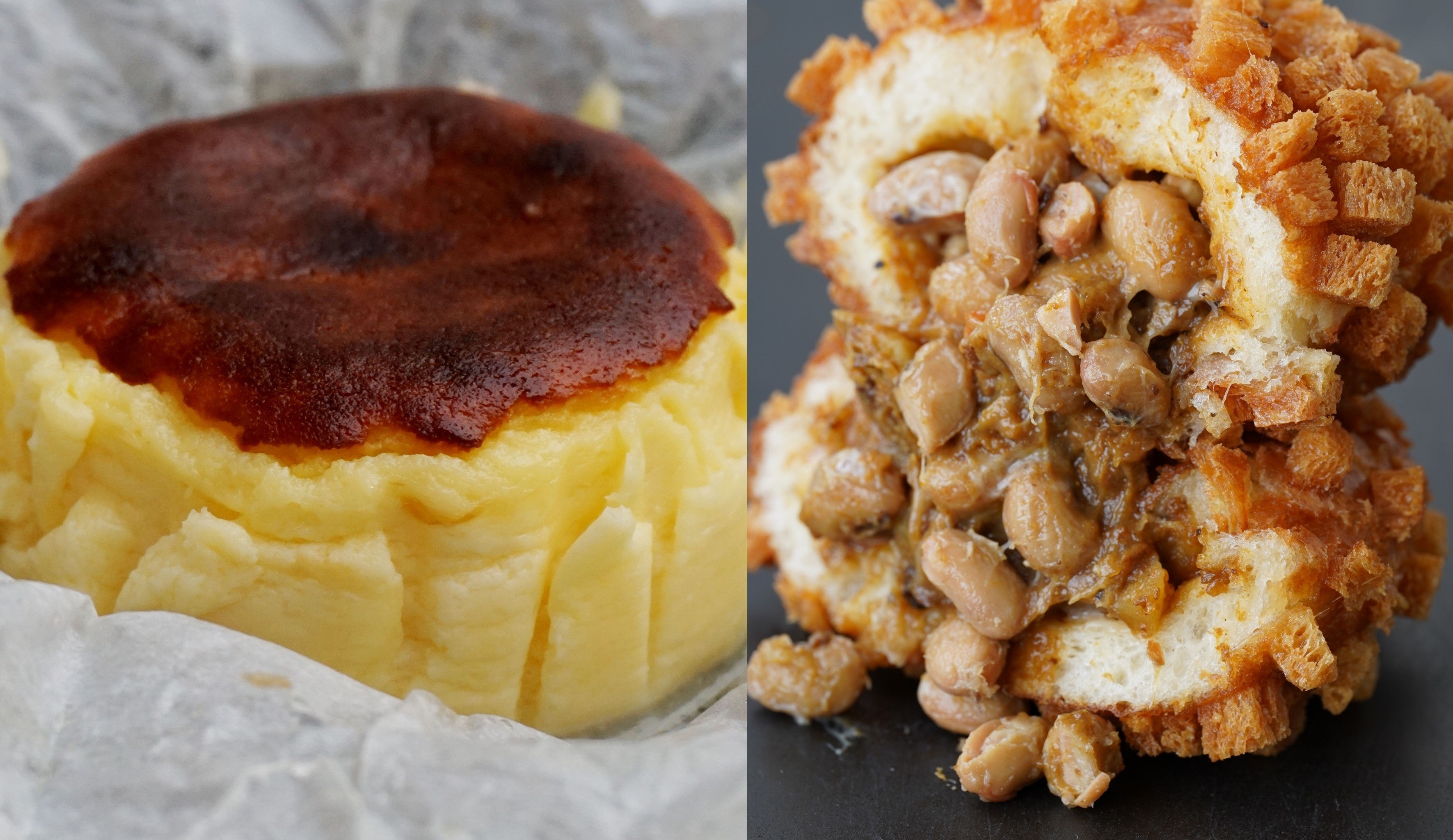 （左）大人気商品の「とろ生バスクチーズケーキ」 （右）新商品「ザックザク納豆カレーパン」