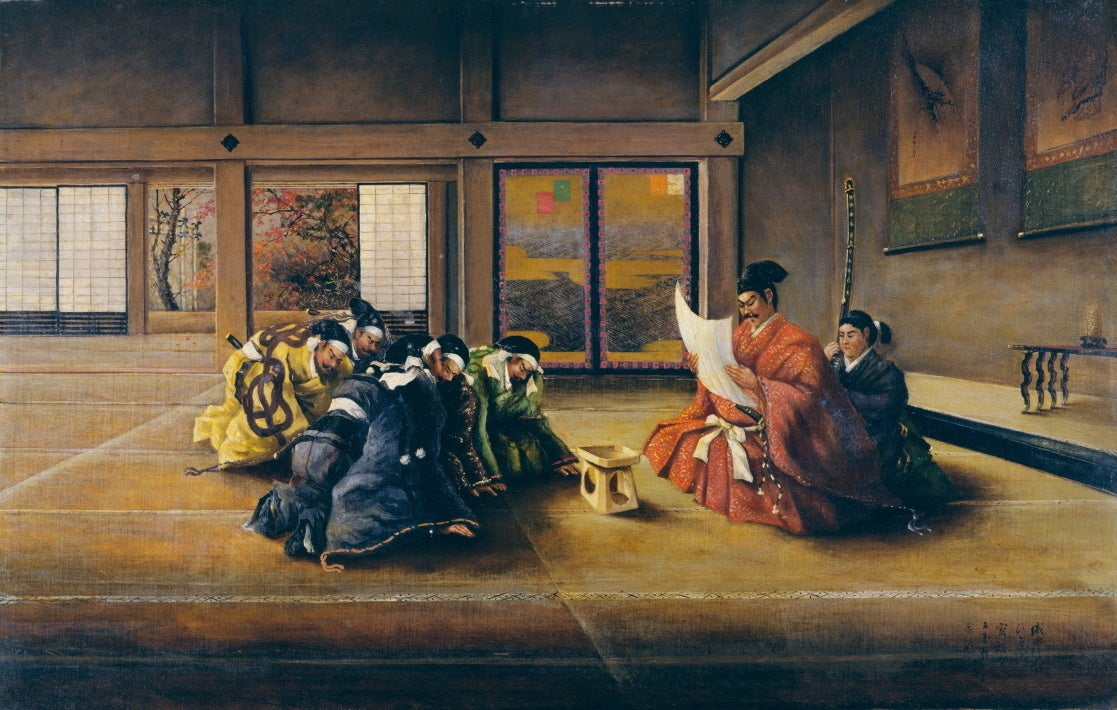 高橋由一(たかはしゆいち) 「織田信長ひそかに密勅(みっちょく)を五老臣(ごろうしん)に示すの図」 明治26年(1893)★