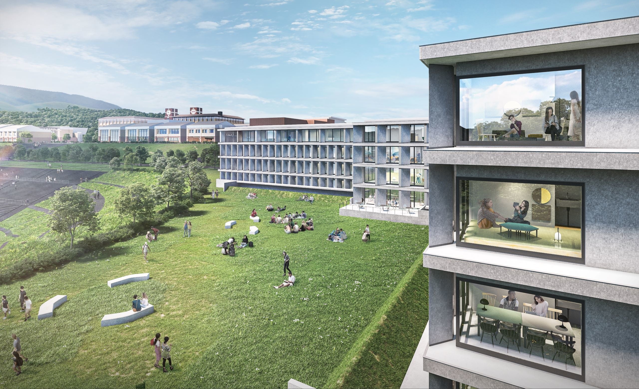 新APハウス外観イメージ　学生がゆったりくつろぎ、集える庭