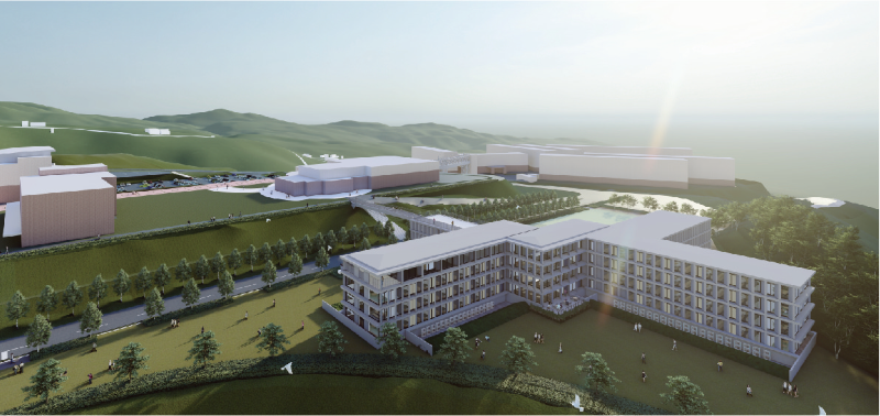 新APハウスの外観イメージ　中央の交流を生むスペースとセキュリティーで区画されている安全安心な生活空間の共存を実現