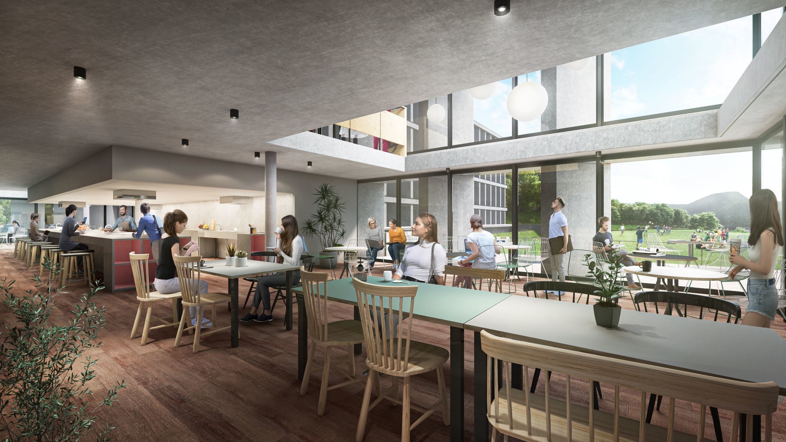 新APハウス1階ダイニングイメージ　大人数で料理が可能な吹き抜けの大規模キッチンで、フロアを越えた交流を促進