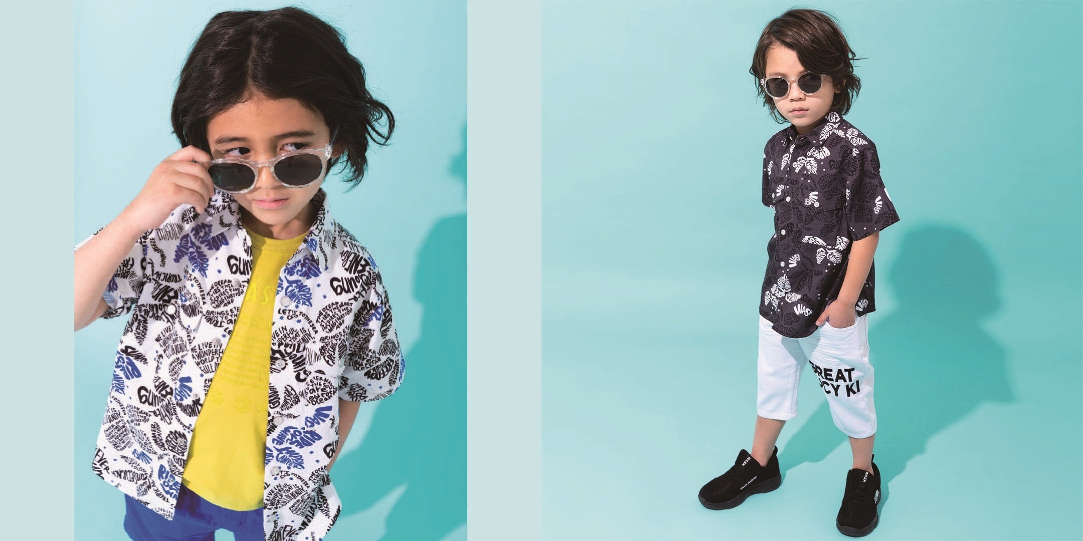 左：シャツ ￥8,800(税込)・Tシャツ ￥7,700(税込)・パンツ ￥7,700(税込)　　右：シャツ ￥8,800(税込)・パンツ ￥7,700(税込)