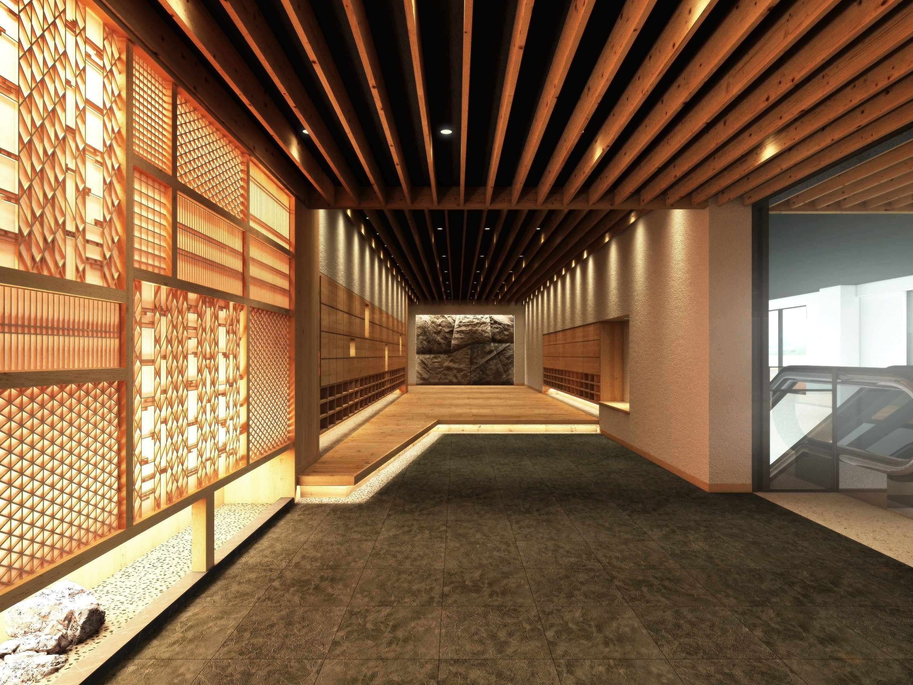 △ 組子をモチーフにした壁面（3階・廊下 ／ しらかば仲見世通り）