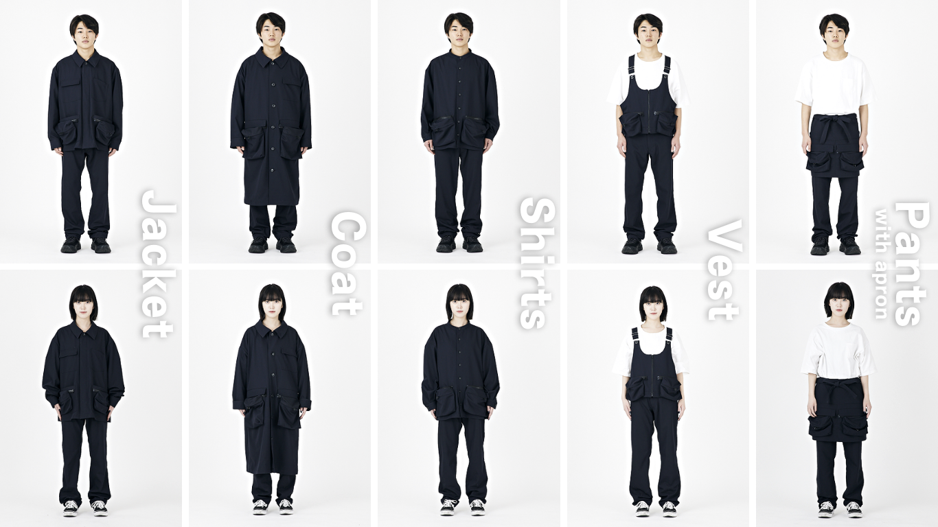 上段：身長166cm 着用Mサイズ（パンツのみLサイズ）、下段：身長161cm 着用Mサイズ（パンツのみLサイズ）