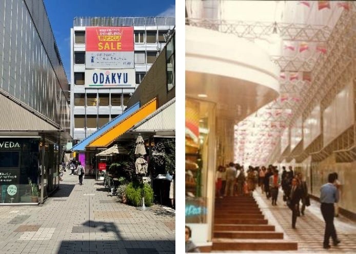 モザイク通り（左：現在、右：開業当時）