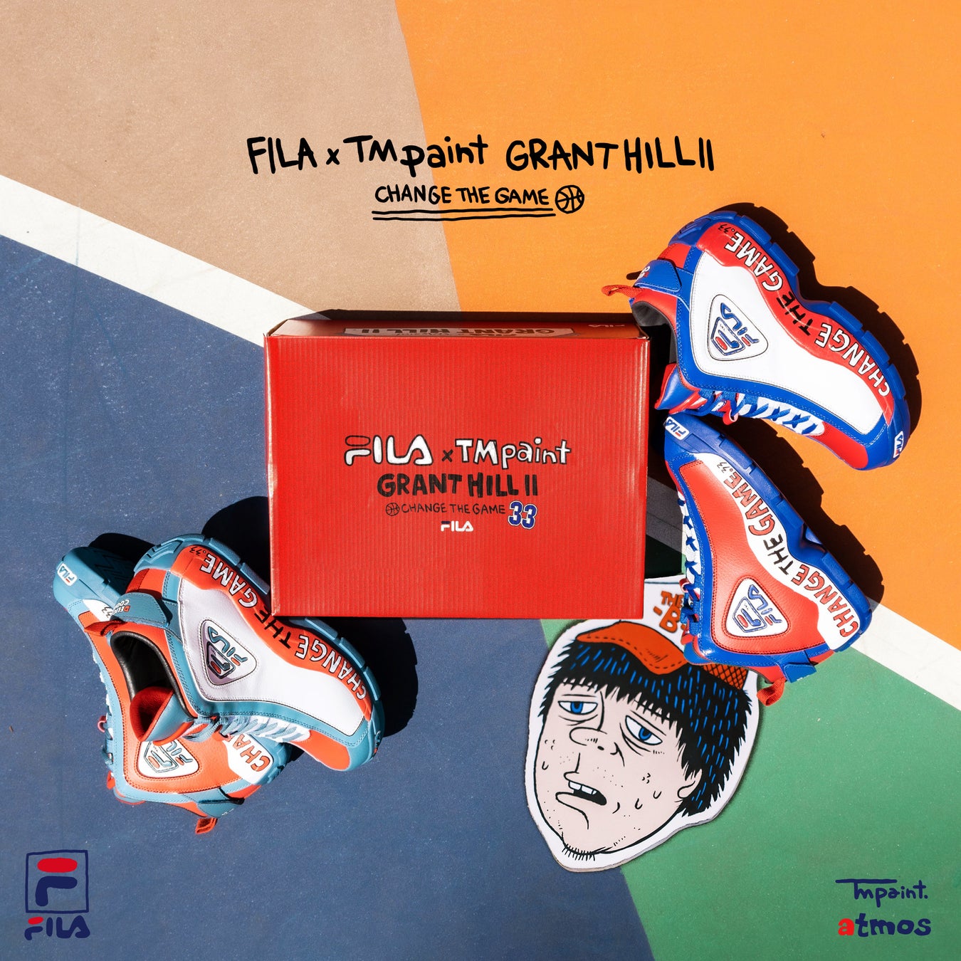 「FILA GRANT HILL 2 x TM Paint x atmos」が登場！原宿のスニーカーショップ「atmos」がトリプルコラボレーションを発表。NBAのプレイヤー、グラントヒルが履いたFILAのバスケットボールシューズをベースに、TM paintとatmosがデザイン。