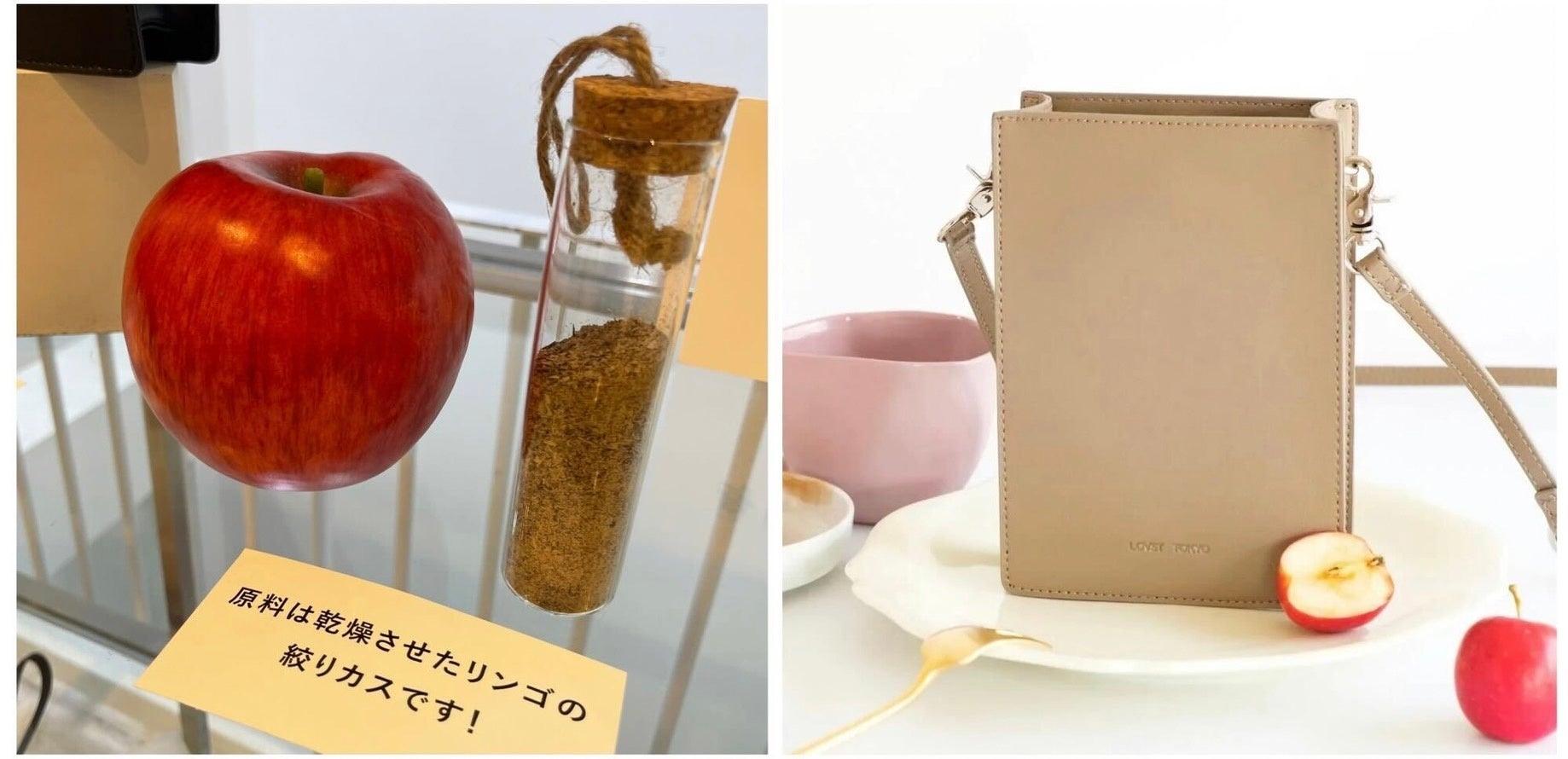 アップルレザーの原料となるリンゴの搾りカスの展示