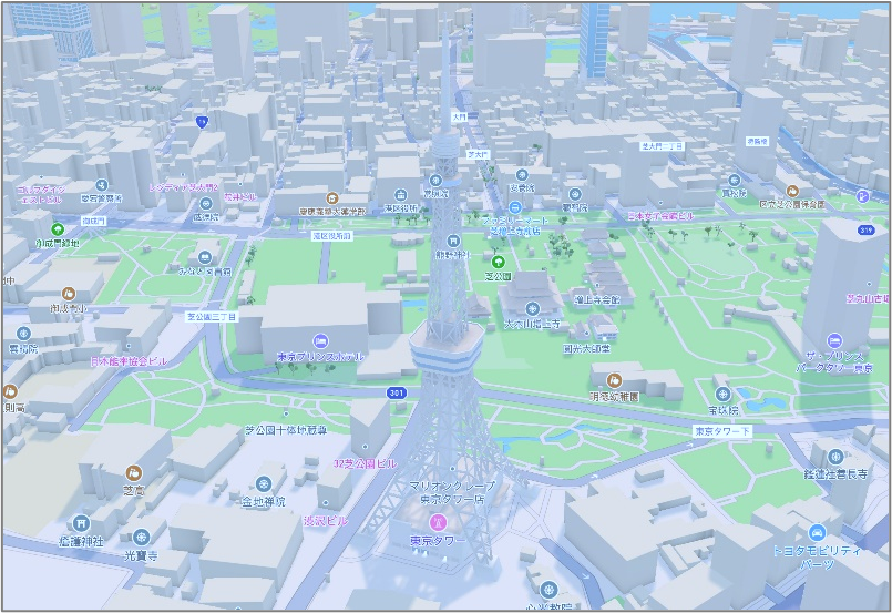 動的な日照やランドマーク表示で3D都市マッピングを可能にする